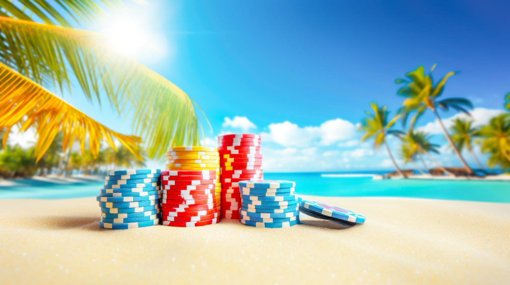 Sunny beach with the focus being put on casino chips sitting in the sand 